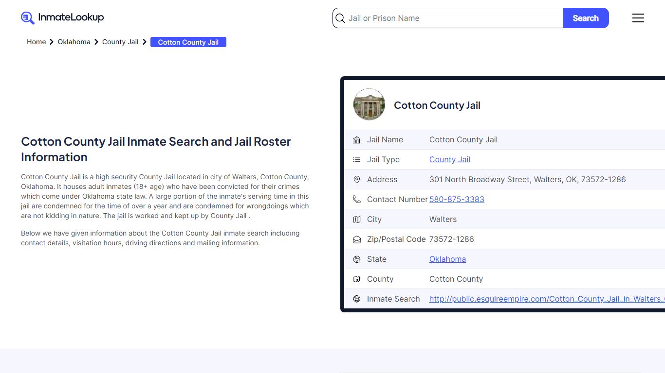 Cotton County Jail Inmate Search - Walters Oklahoma - Inmate Lookup